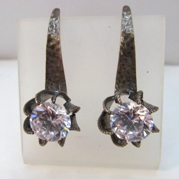 Cubic Zirconia Hammered Sterling Silver Pierced Earrings - Picture 1 of 16